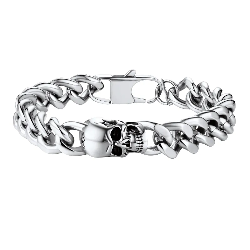 Gothic Heavy Cuban Chain Skull Bracelet For Men in Stainless Steel sold by FaithHeart