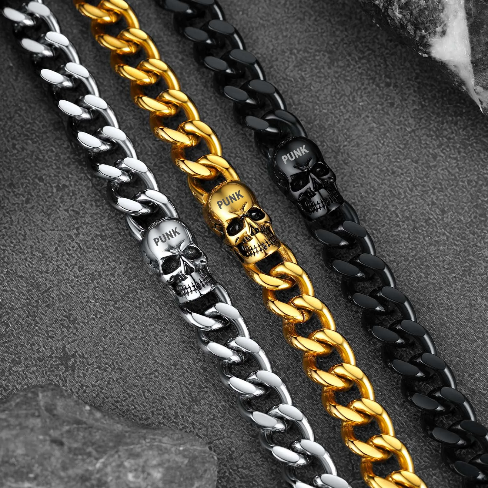 Gothic Heavy Cuban Chain Skull Bracelet For Men in Stainless Steel sold by FaithHeart product image thumbnail 4