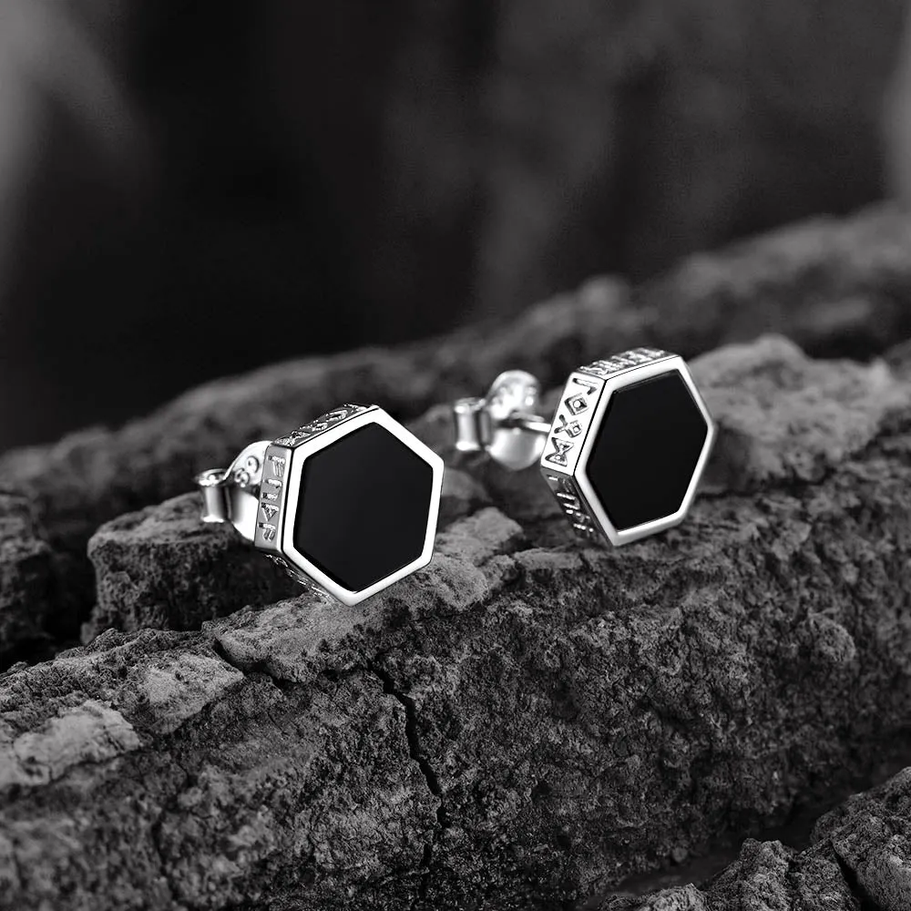 Hexagon Viking Rune Black Onyx Stud Earrings for Men sold by FaithHeart product image thumbnail 3