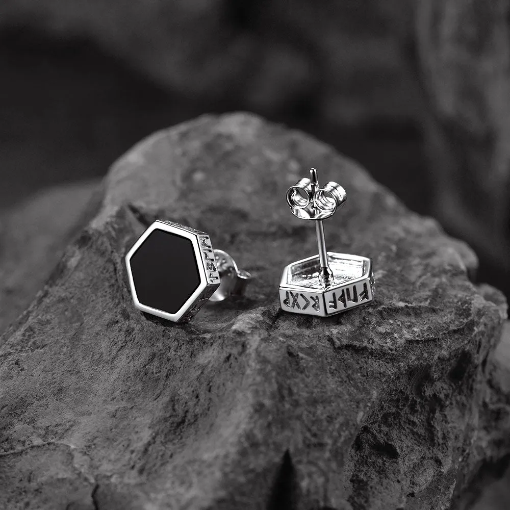 Hexagon Viking Rune Black Onyx Stud Earrings for Men sold by FaithHeart product image thumbnail 5