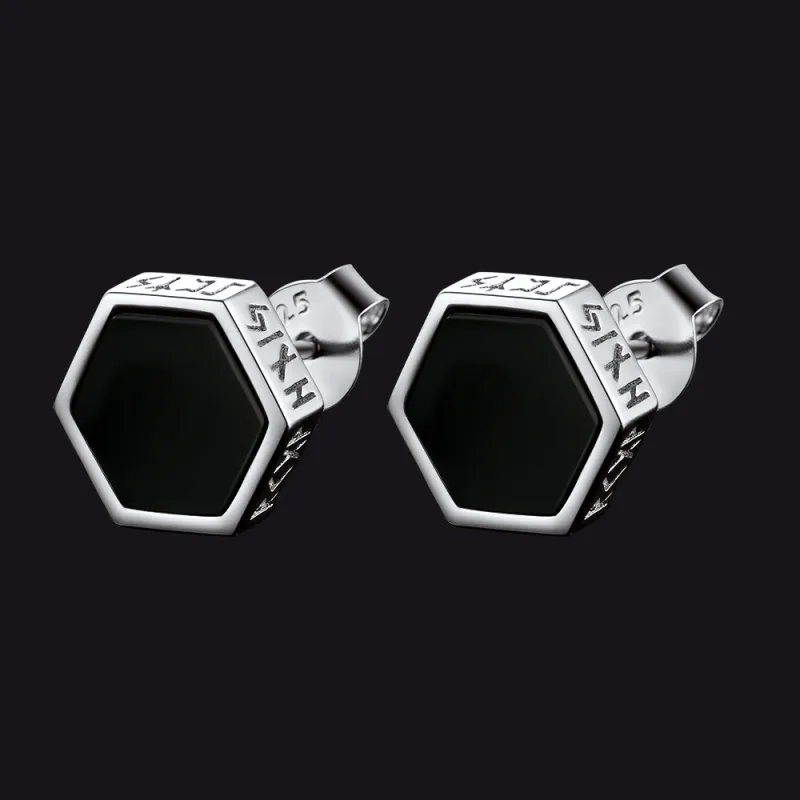 Hexagon Viking Rune Black Onyx Stud Earrings for Men sold by FaithHeart