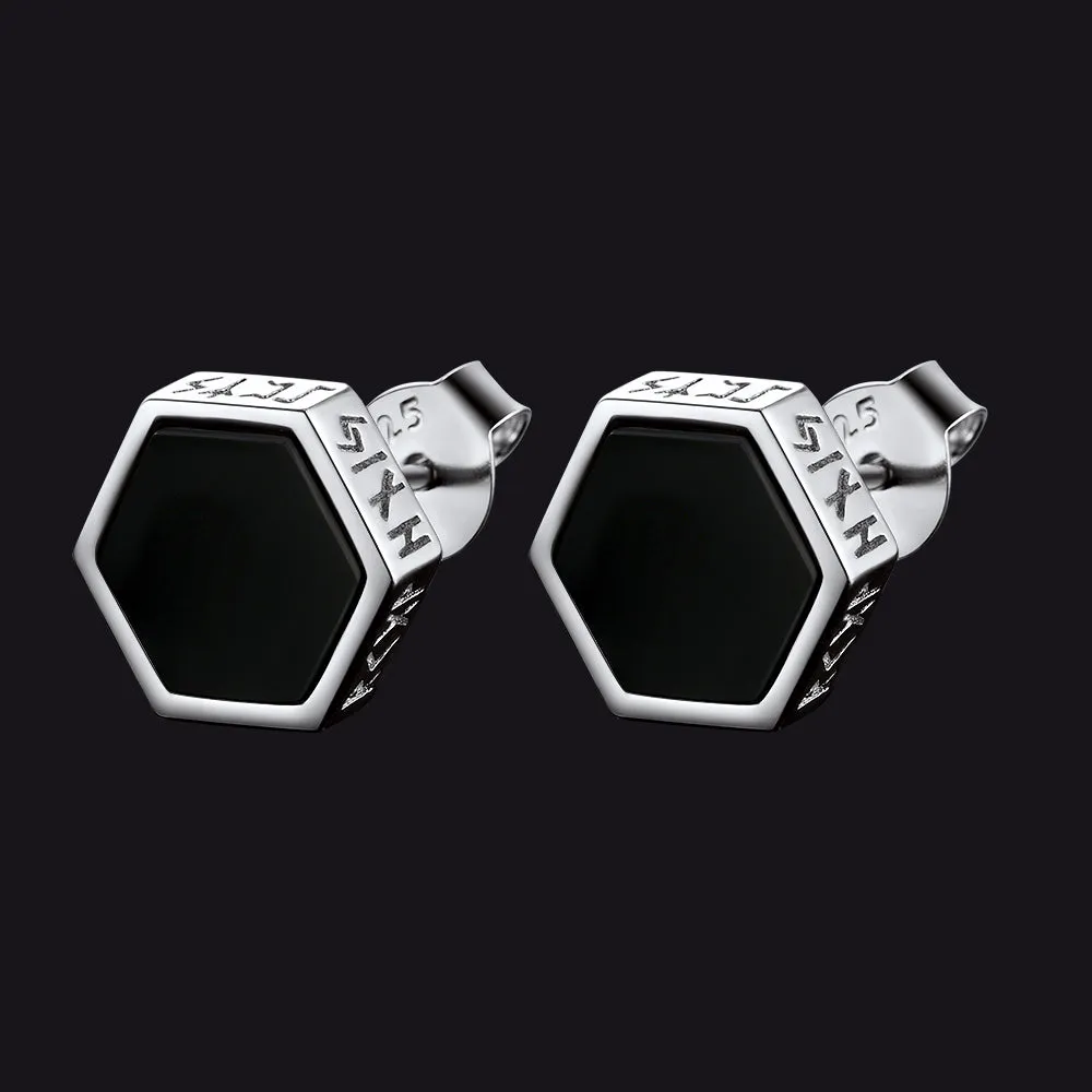 Hexagon Viking Rune Black Onyx Stud Earrings for Men sold by FaithHeart