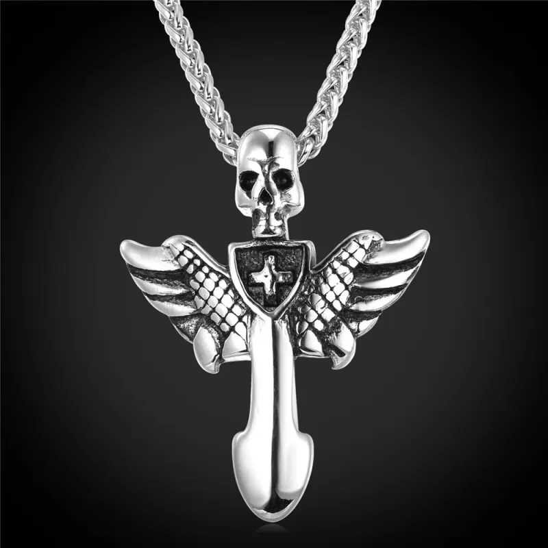 Gothic Skull Cross Necklace with Wing For Men sold by FaithHeart