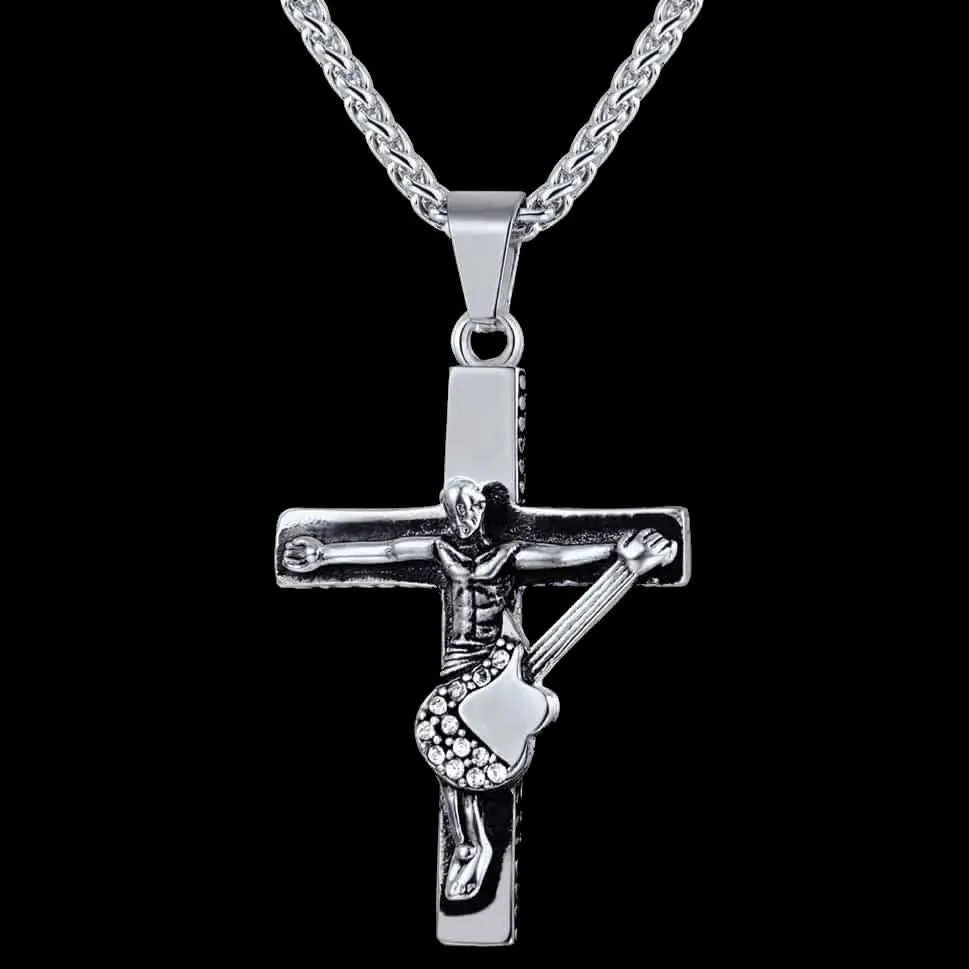 Guitar Jesus Cross Necklace Pendant for Men sold by FaithHeart