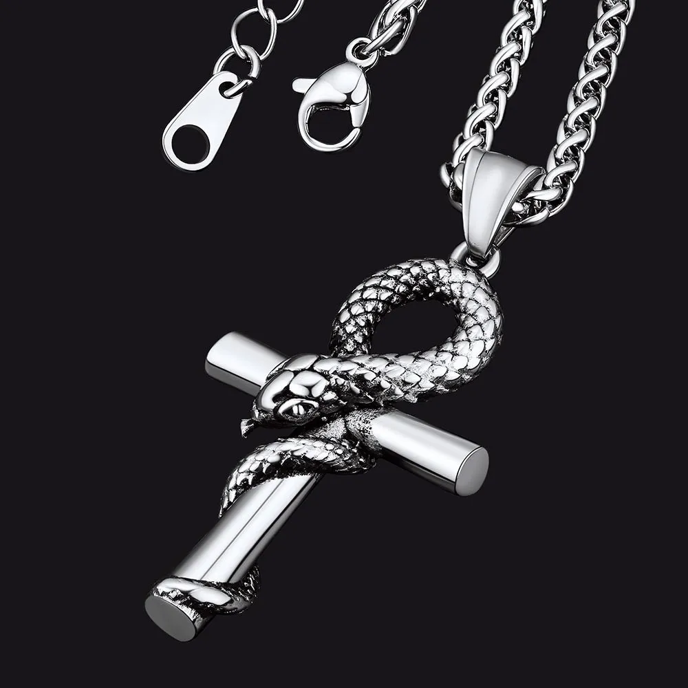 Snake Ankh Cross Necklace Ancient Egyptian Serpent Aunk Pendant For Men Women sold by FaithHeart