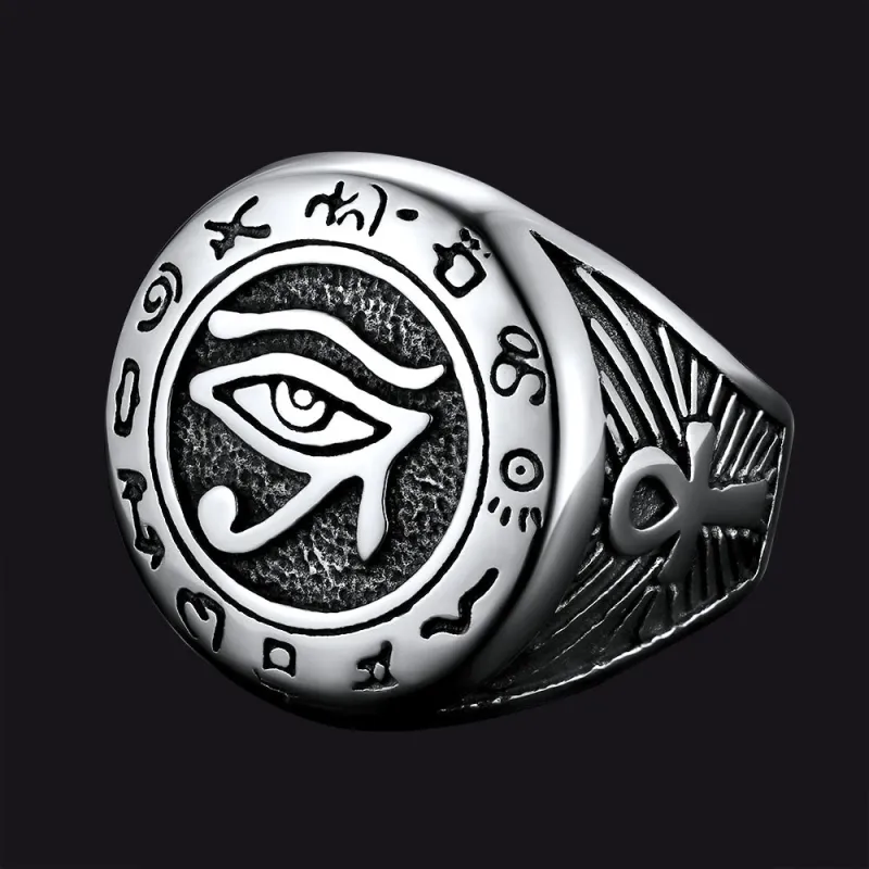 Egyptian Horus Eye of Ra Signet Ring with Ankh for Men sold by FaithHeart
