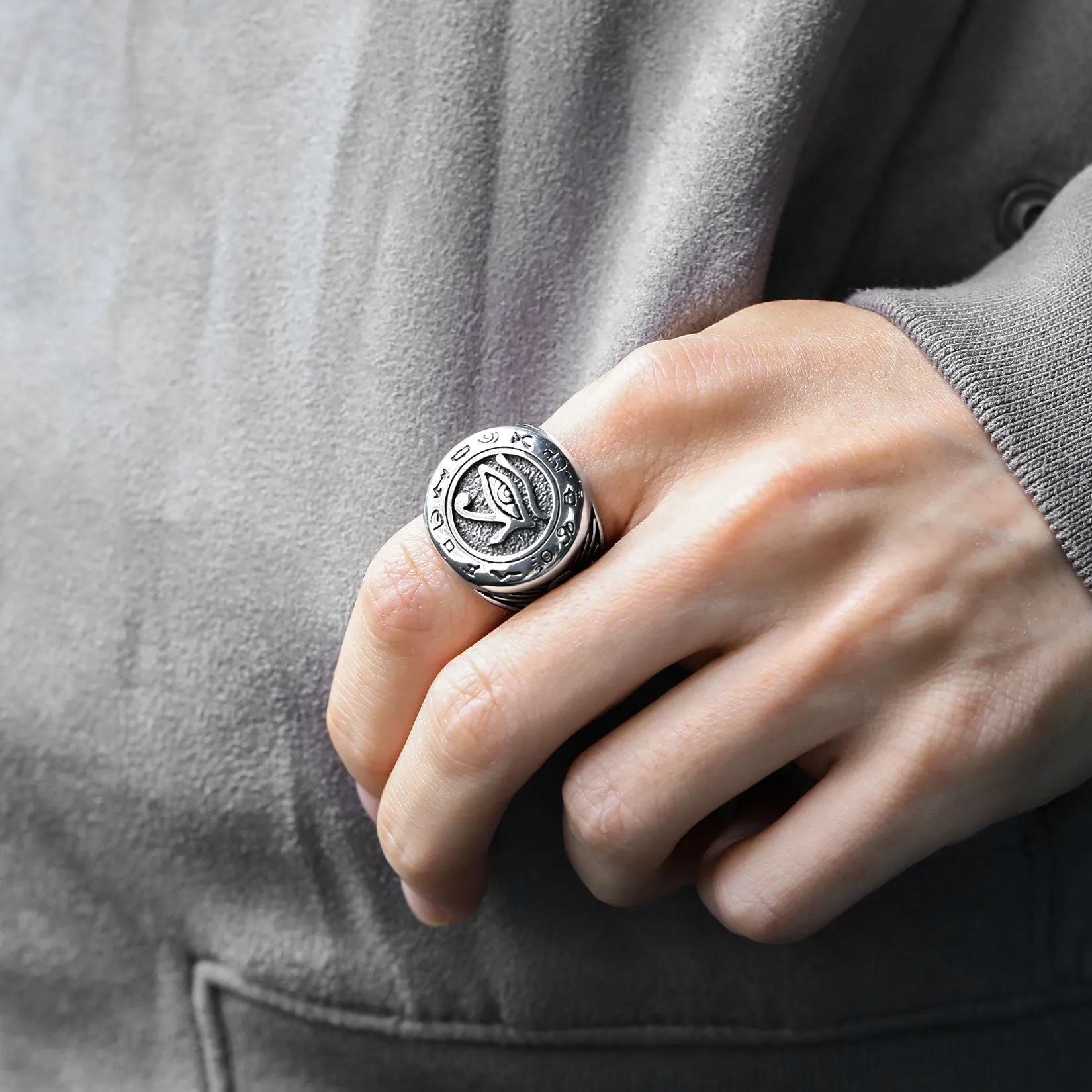 Egyptian Horus Eye of Ra Signet Ring with Ankh for Men sold by FaithHeart product image thumbnail 2