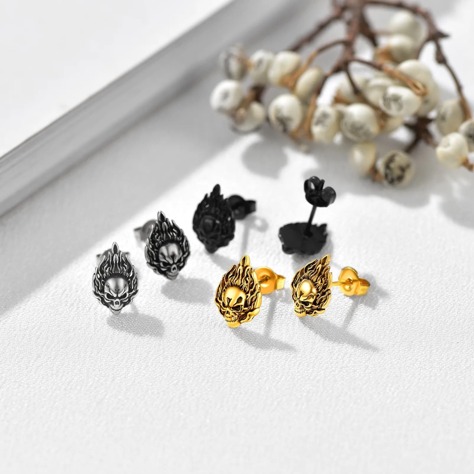Flame Skull Stud Earrings For Men sold by FaithHeart product image thumbnail 3
