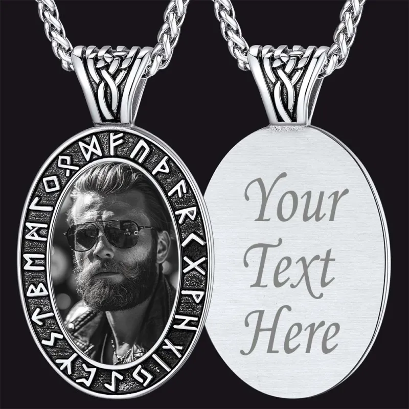 Customized Engraved Picture Necklace with Viking Runes for Men Women sold by FaithHeart