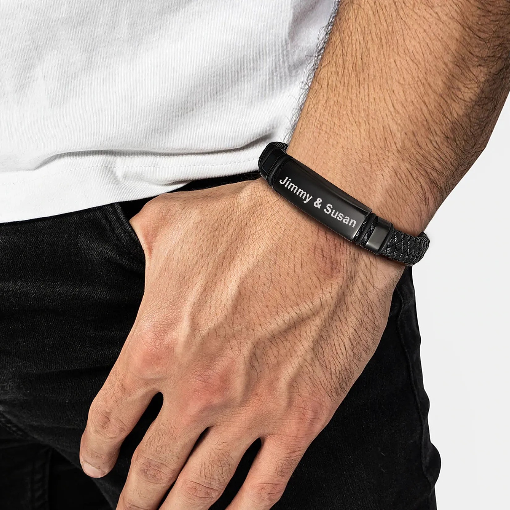 Custom Braided Black Engraved Leather Bracelet Cuff For Men sold by FaithHeart product image thumbnail 2