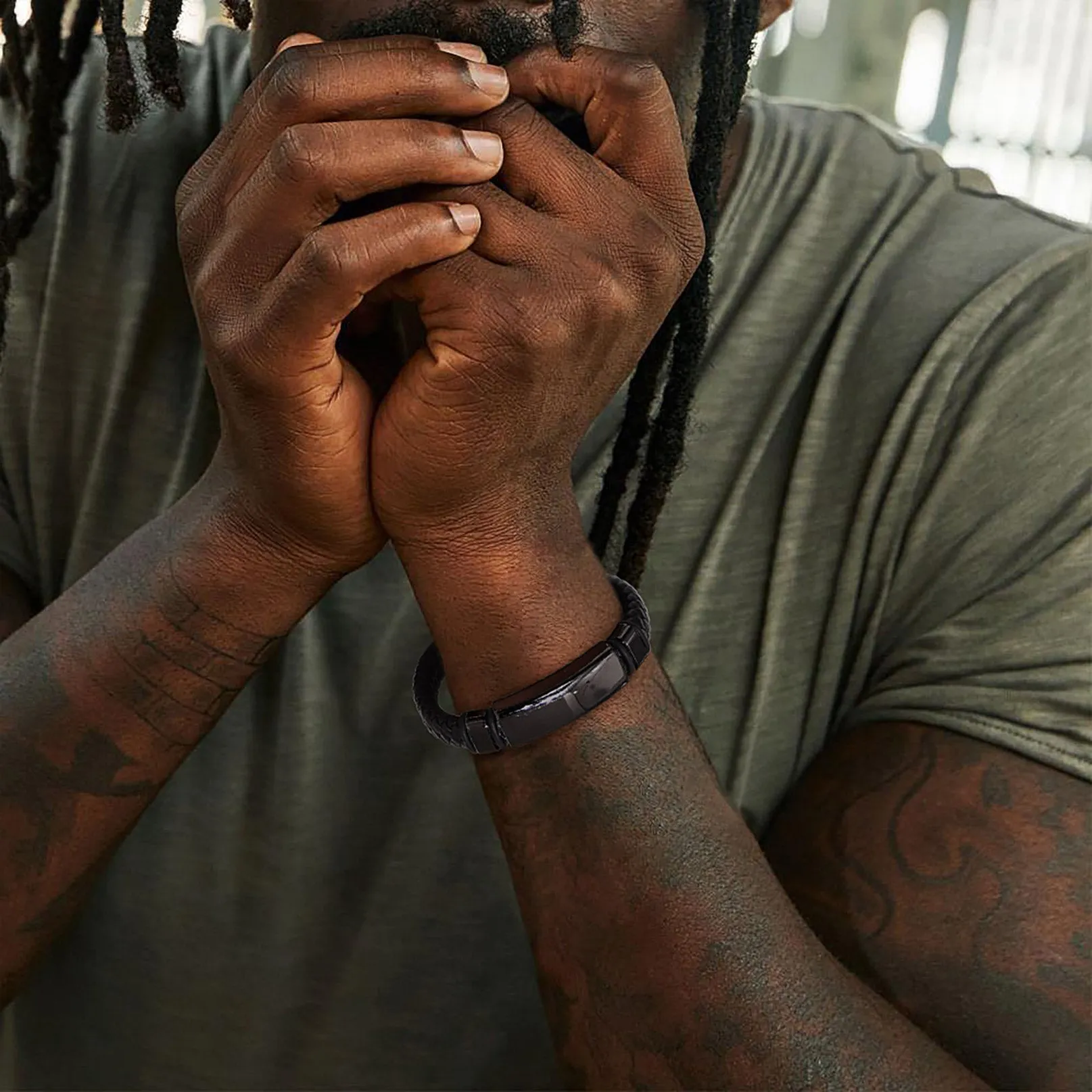 Custom Braided Black Engraved Leather Bracelet Cuff For Men sold by FaithHeart product image thumbnail 4