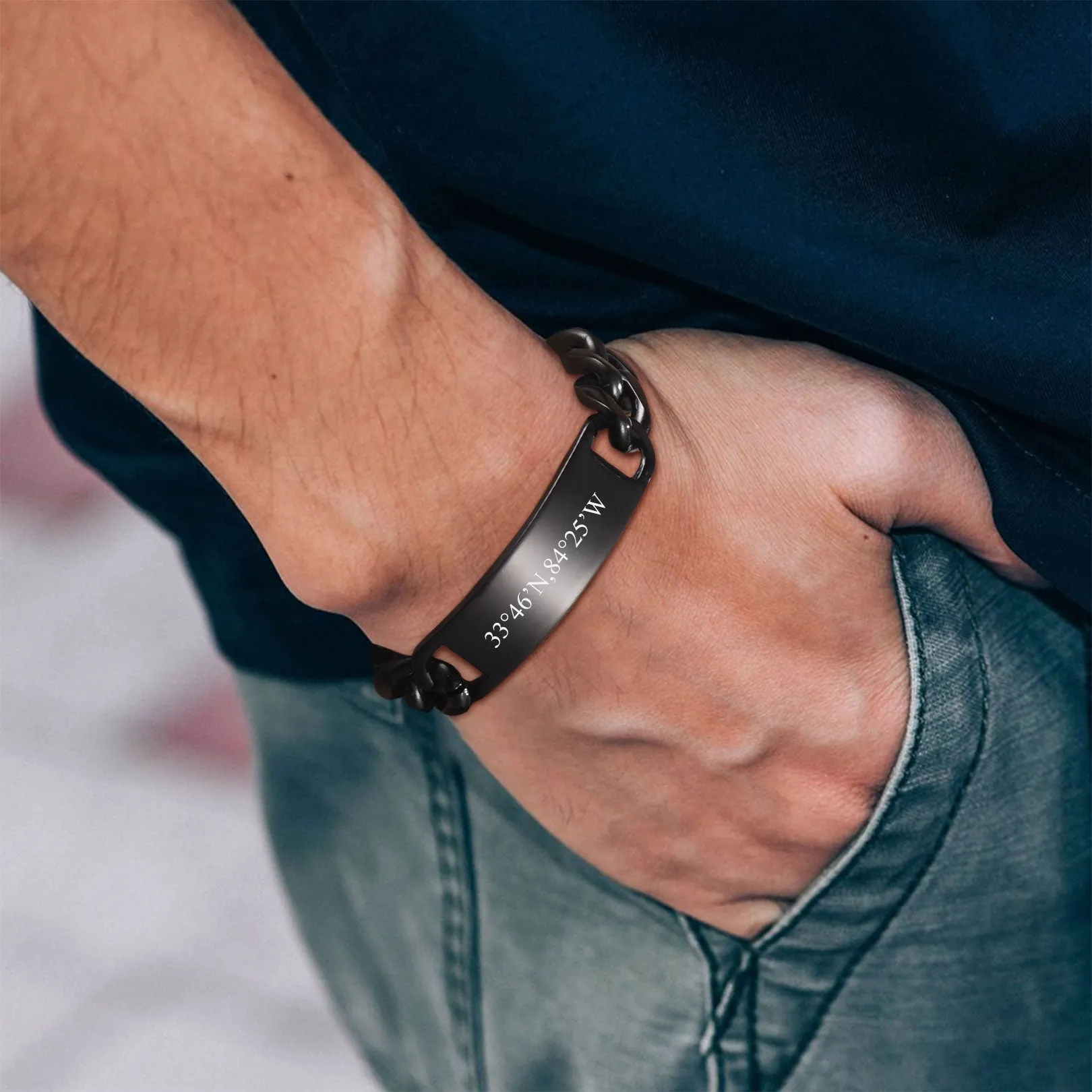 Customized Engraved ID Bar Cuban Chain Link Bracelet for Men sold by FaithHeart product image thumbnail 2