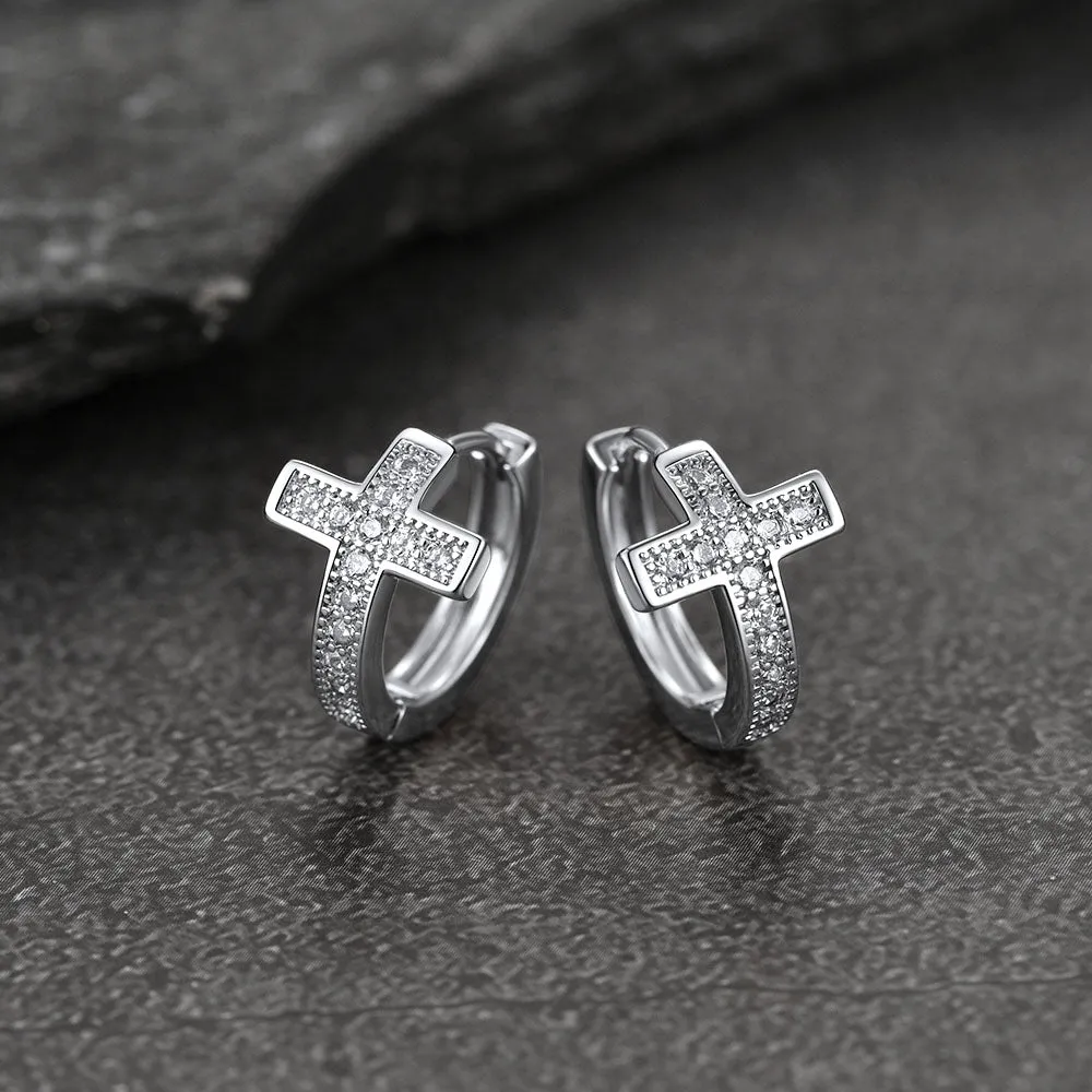 Cubic Zirconia Cross Hoop Earrings For Men sold by FaithHeart product image thumbnail 4