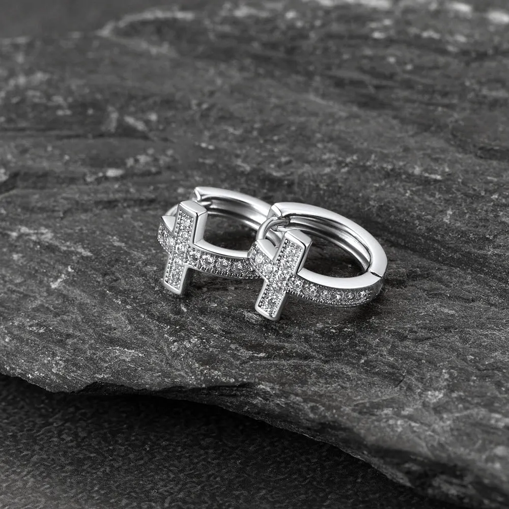 Cubic Zirconia Cross Hoop Earrings For Men sold by FaithHeart product image thumbnail 3