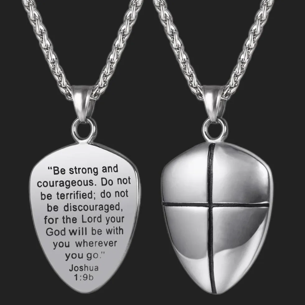 Christian Cross Joshua 1:9 Shield Necklace For Men sold by FaithHeart