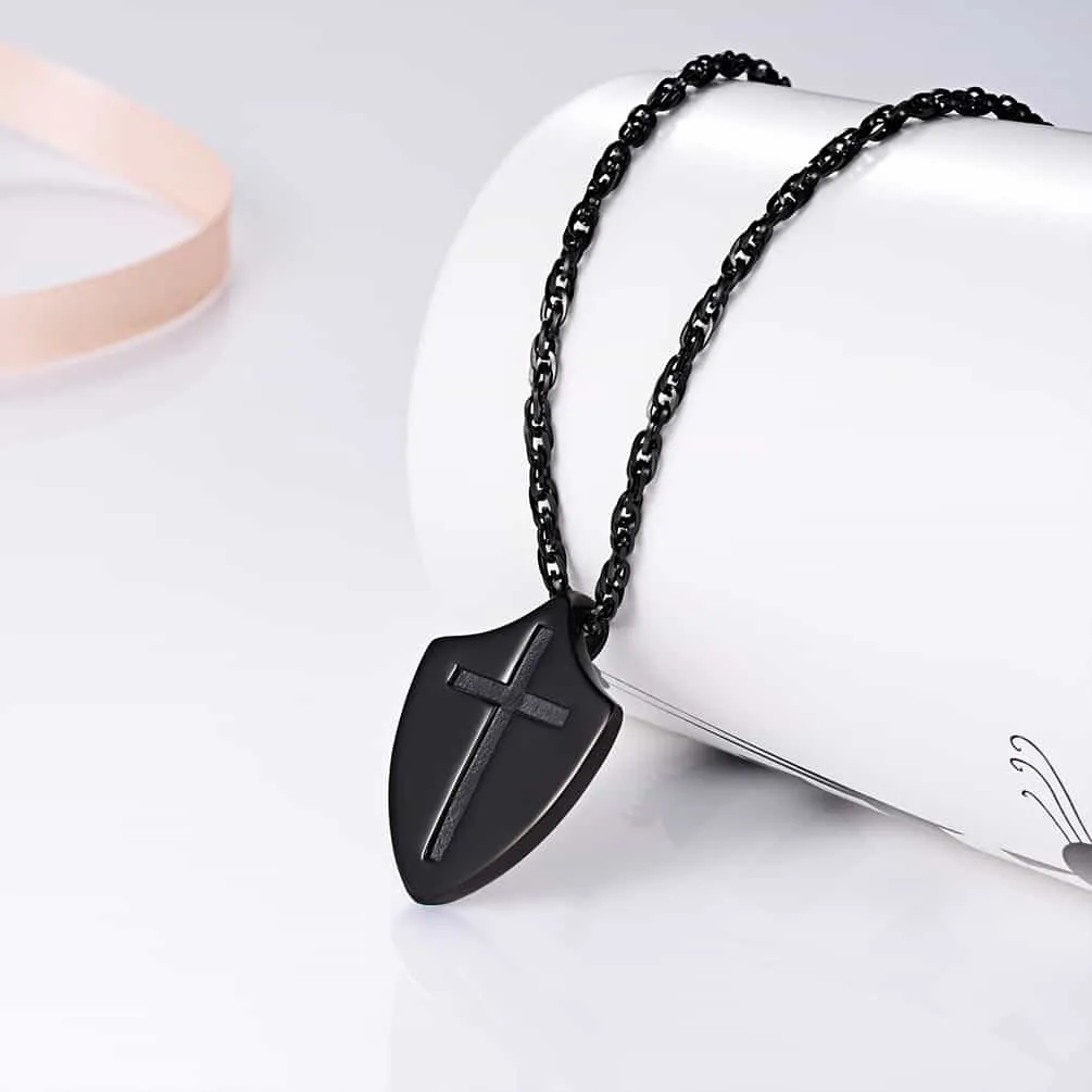 Christian Cross Shield Pendant Necklace with Ephesians 6:10 for Men sold by FaithHeart product image thumbnail 5