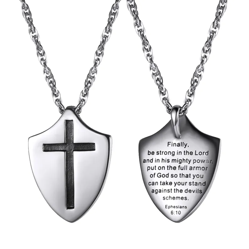 Christian Cross Shield Pendant Necklace with Ephesians 6:10 for Men sold by FaithHeart