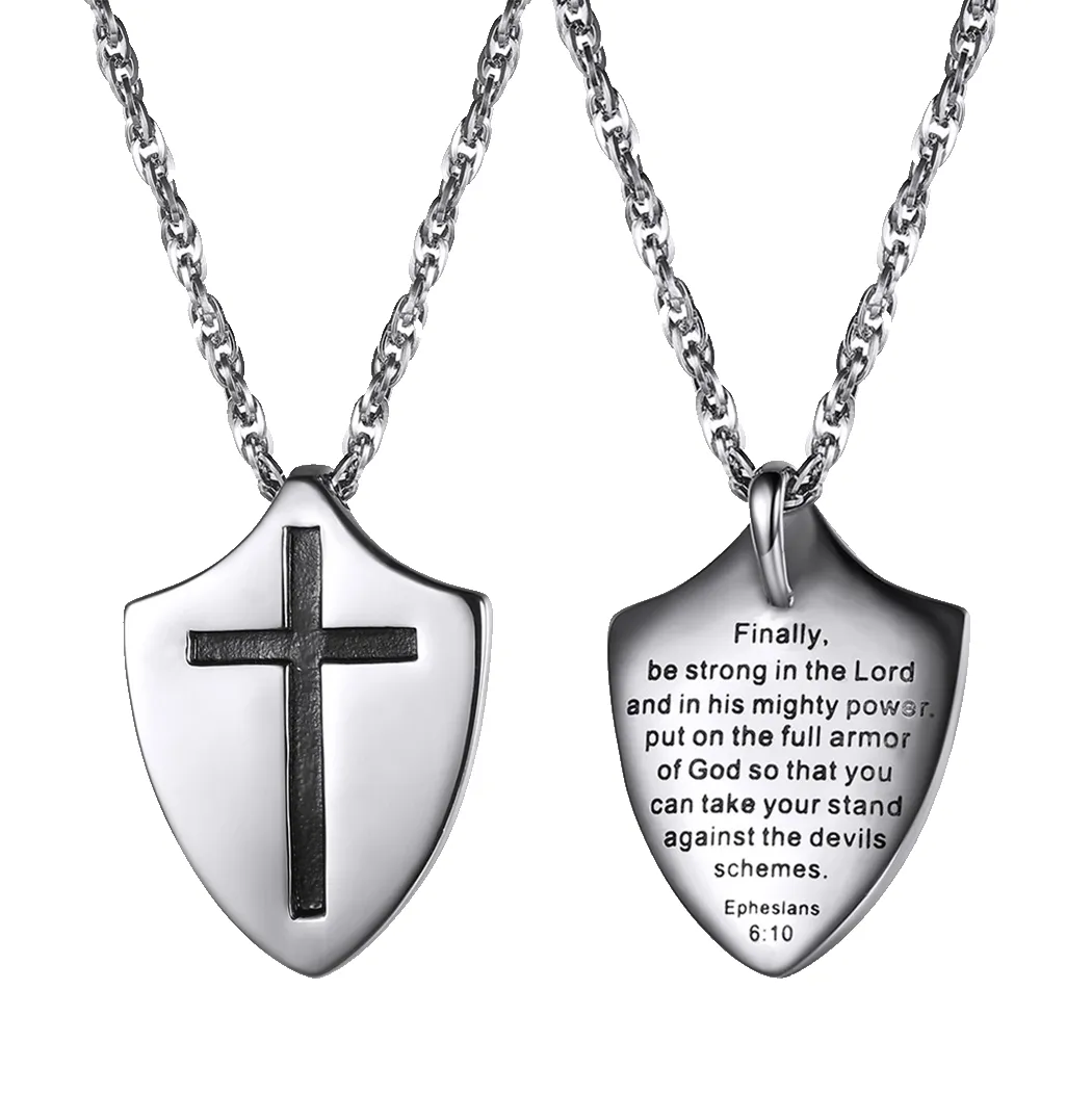 Christian Cross Shield Pendant Necklace with Ephesians 6:10 for Men sold by FaithHeart