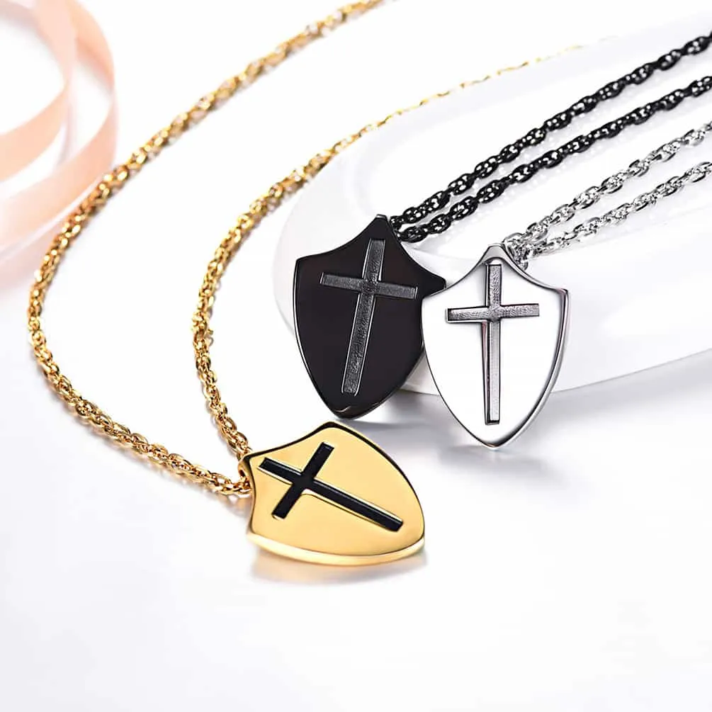 Christian Cross Shield Pendant Necklace with Ephesians 6:10 for Men sold by FaithHeart product image thumbnail 4