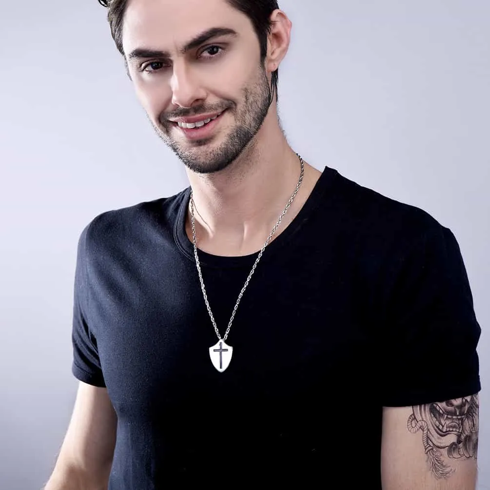 Christian Cross Shield Pendant Necklace with Ephesians 6:10 for Men sold by FaithHeart product image thumbnail 2