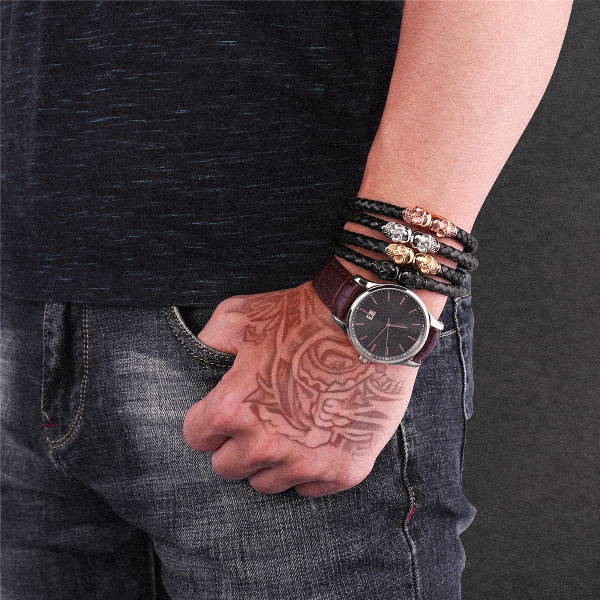 Black Braided Leather Bracelet With Skull for Men sold by FaithHeart product image thumbnail 3