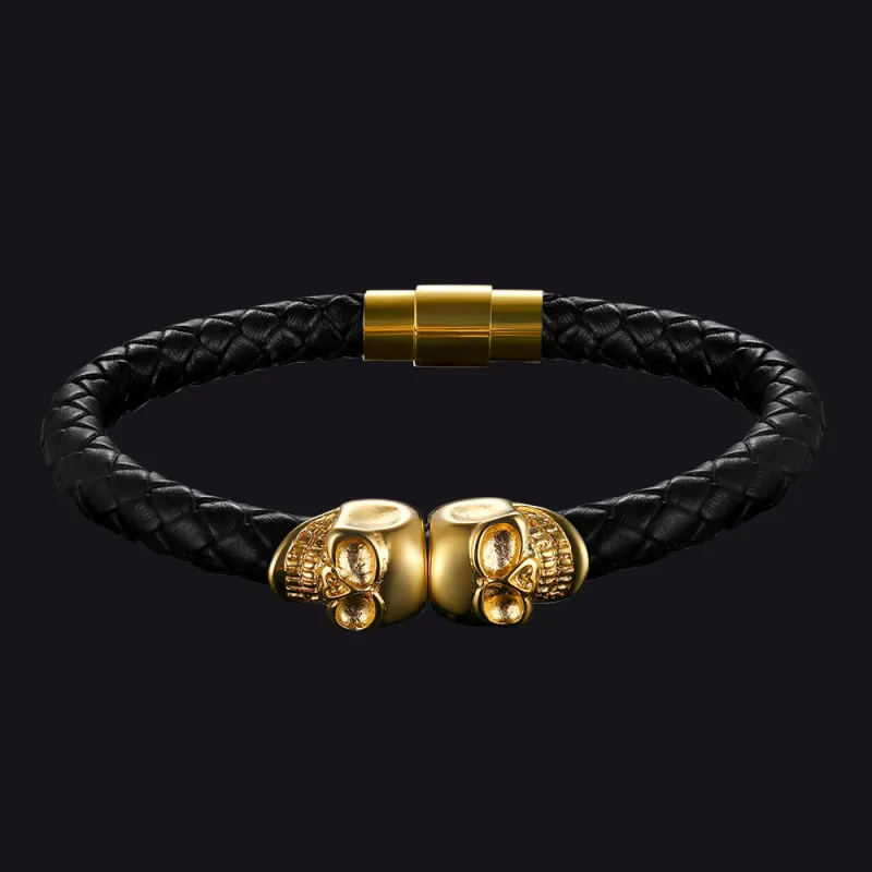 Black Braided Leather Bracelet With Skull for Men sold by FaithHeart