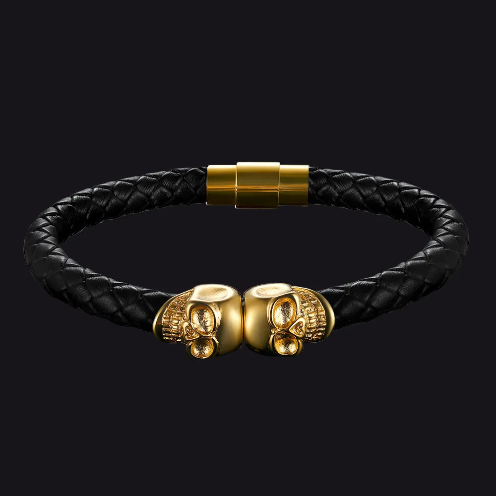 Black Braided Leather Bracelet With Skull for Men sold by FaithHeart