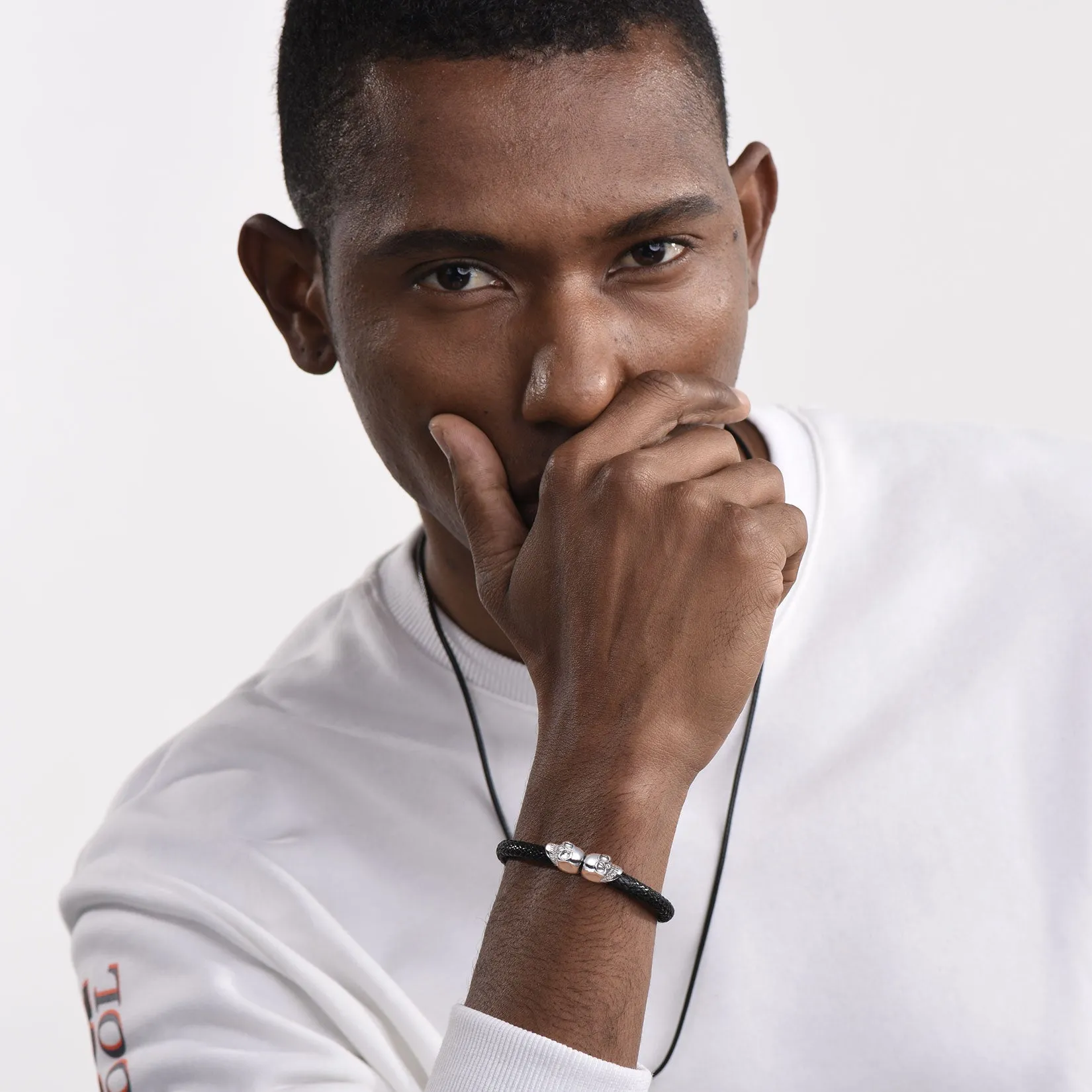 Black Braided Leather Bracelet With Skull for Men sold by FaithHeart product image thumbnail 2