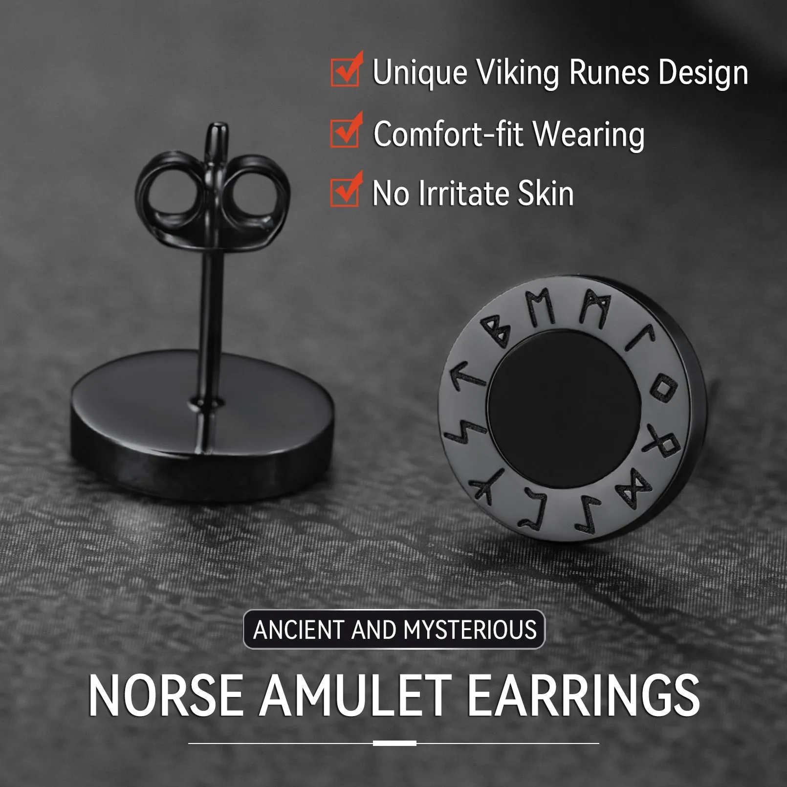 Black Onyx Stud Earrings With Viking Runes in Sterling Silver sold by FaithHeart product image thumbnail 4