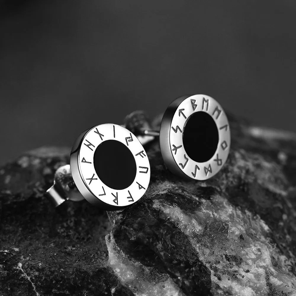 Black Onyx Stud Earrings With Viking Runes in Sterling Silver sold by FaithHeart product image thumbnail 5