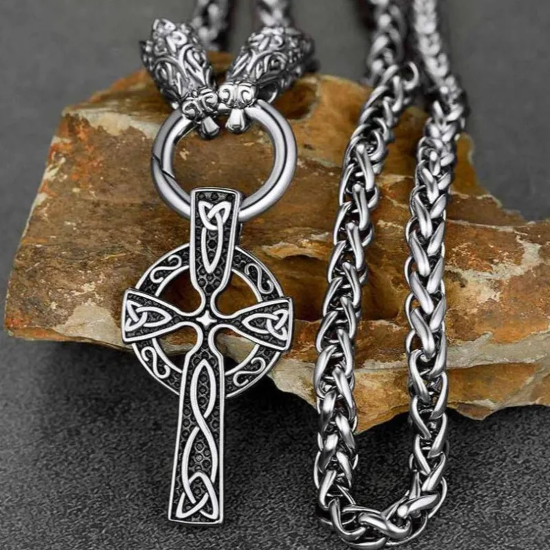 Celtic Knot Cross Necklace With Wolf Rope Chain For Men sold by FaithHeart