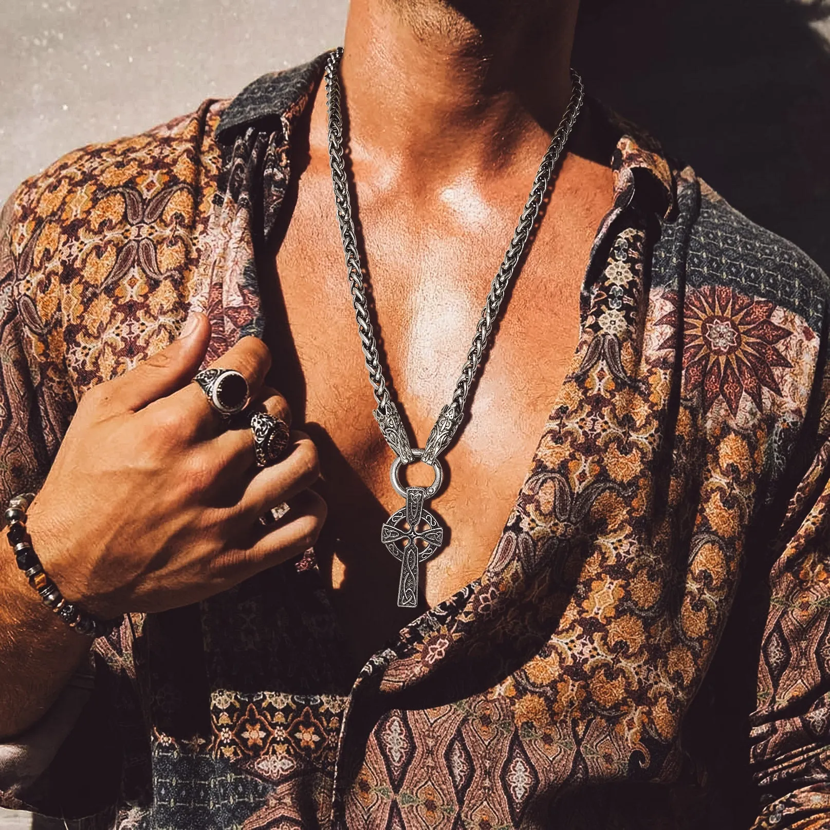 Celtic Knot Cross Necklace With Wolf Rope Chain For Men sold by FaithHeart product image thumbnail 3