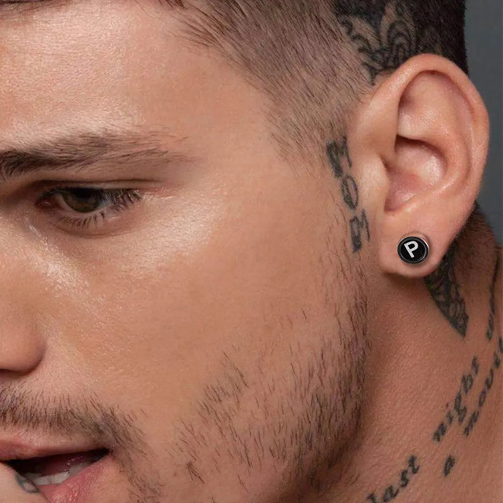 Personalized Black Enamel Initial Letter Stud Earrings For Men Women sold by FaithHeart product image thumbnail 2