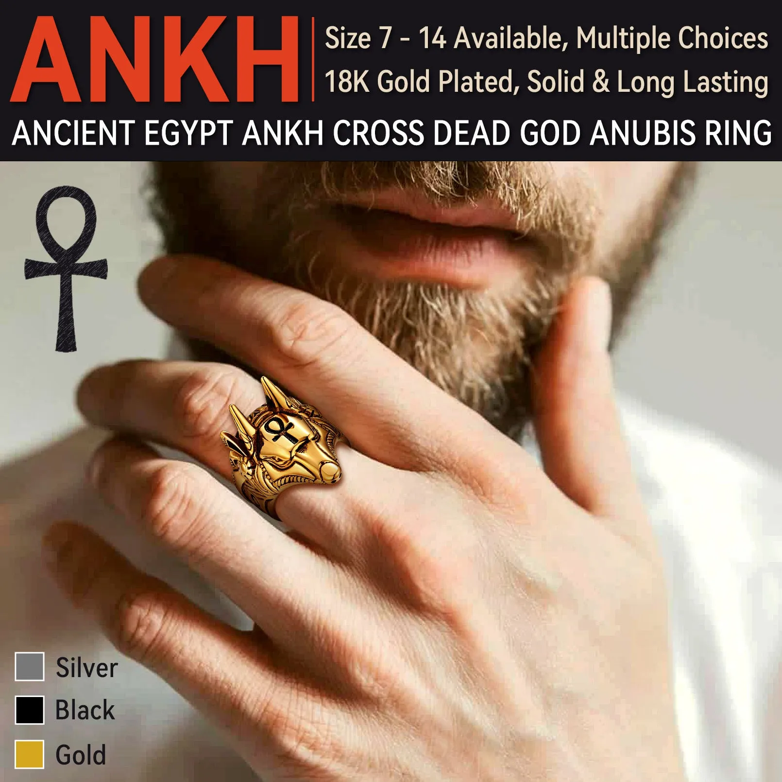 Ancient Egyptian Anubis Ring With Ankh Cross For Men sold by FaithHeart product image thumbnail 5