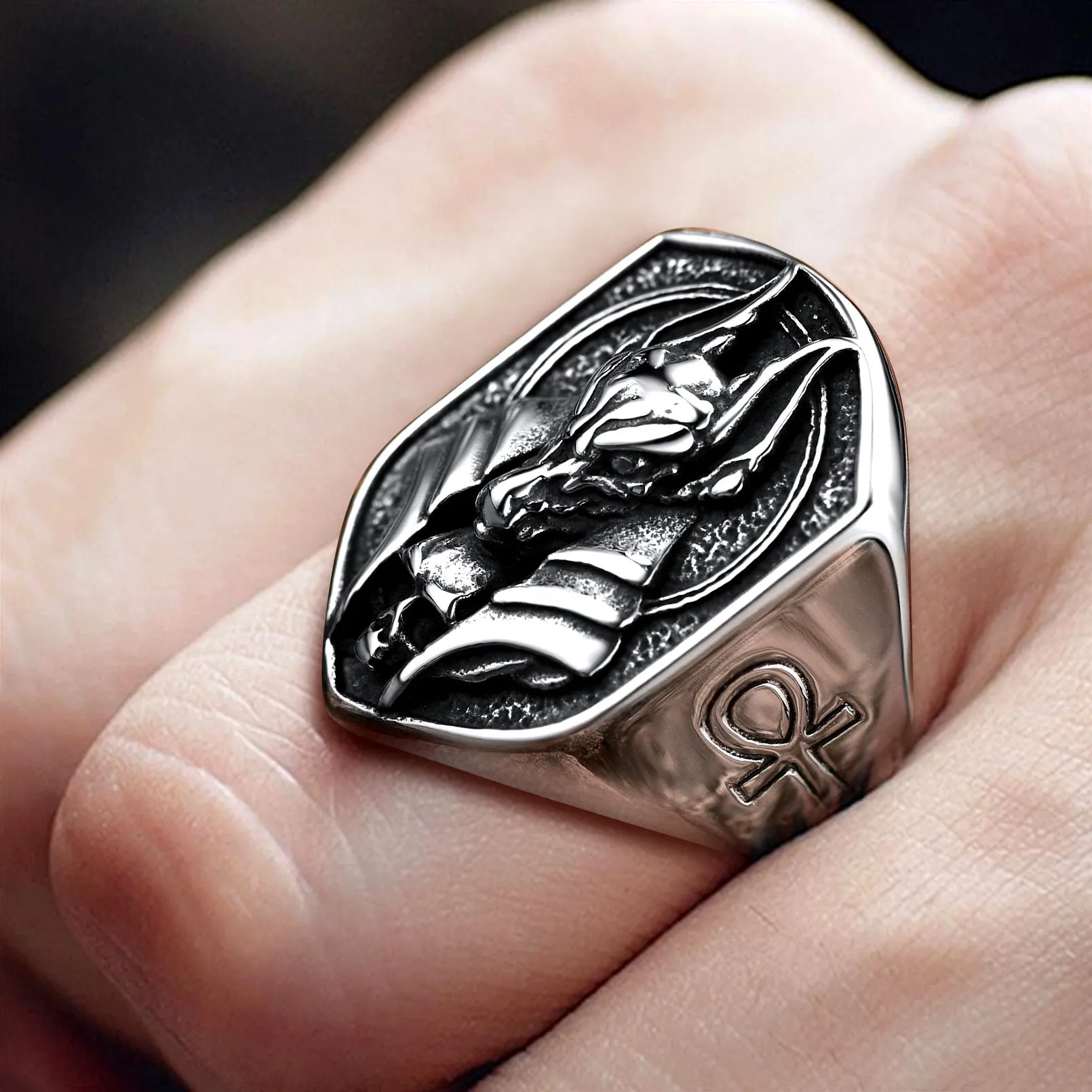 Ancient Egyptian Anubis Signet Ring With Ankh Cross for Men sold by FaithHeart product image thumbnail 3