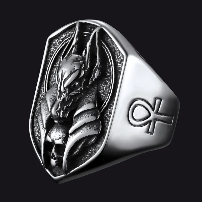 Ancient Egyptian Anubis Signet Ring With Ankh Cross for Men sold by FaithHeart