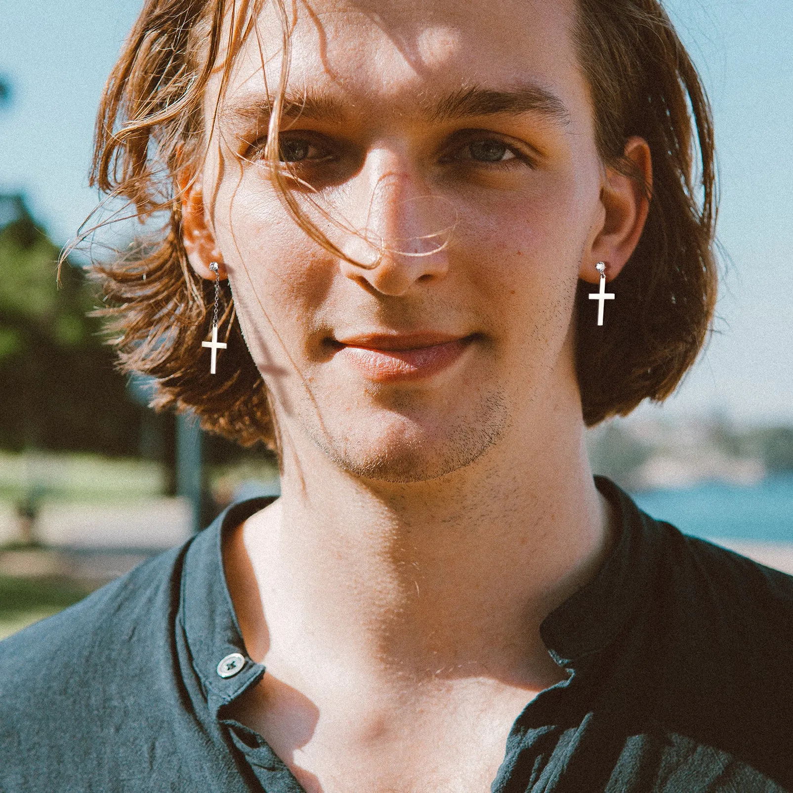 Classic Asymmetric Dangling Cross Stud Earrings for Men Women sold by FaithHeart product image thumbnail 2