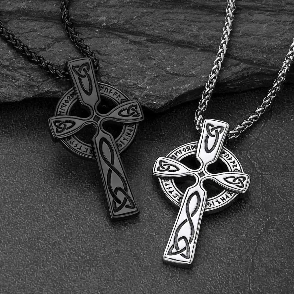 Irish Celtic Cross Pendant Necklace with Viking Runes for Men sold by FaithHeart product image thumbnail 3