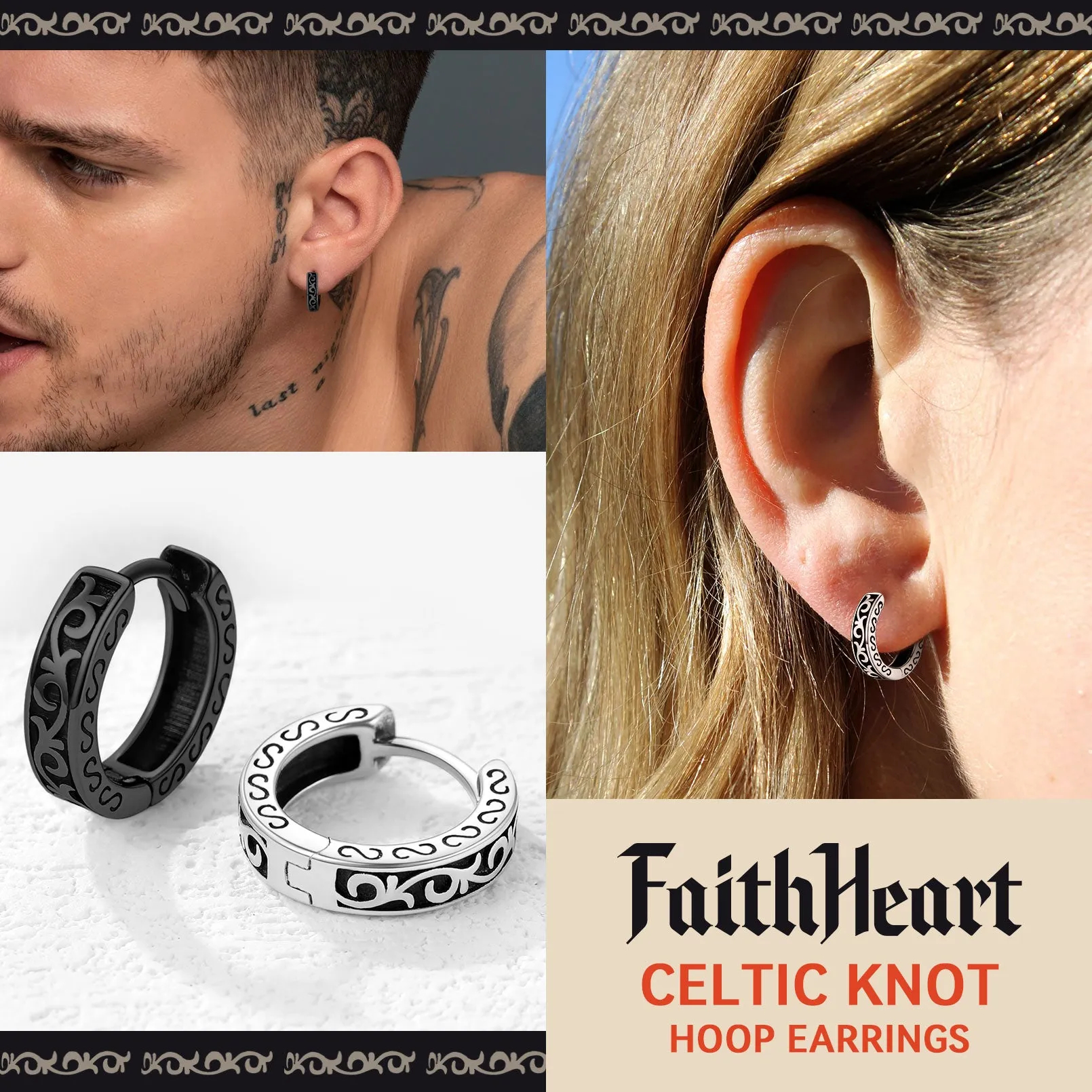 Sterling Silver Vine Celtic Huggie Hoop Earrings for Men sold by FaithHeart product image thumbnail 4