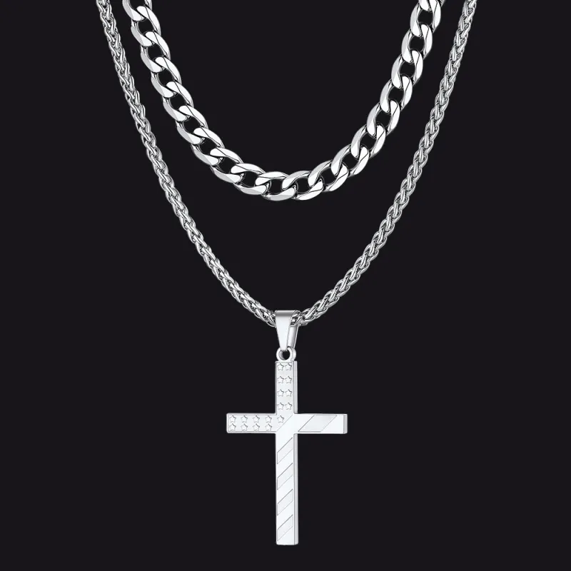 Cuban Chain & American Flag Cross Layered Necklaces Set for Men sold by FaithHeart