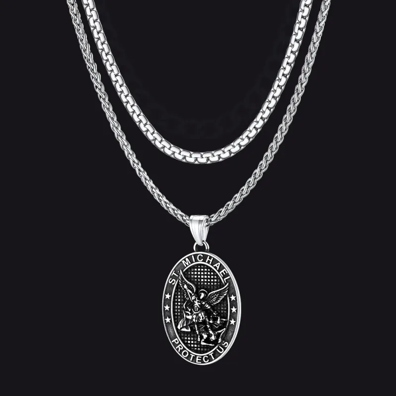 Flat Box Chain & St. Michael Layered Necklaces Set for Men sold by FaithHeart