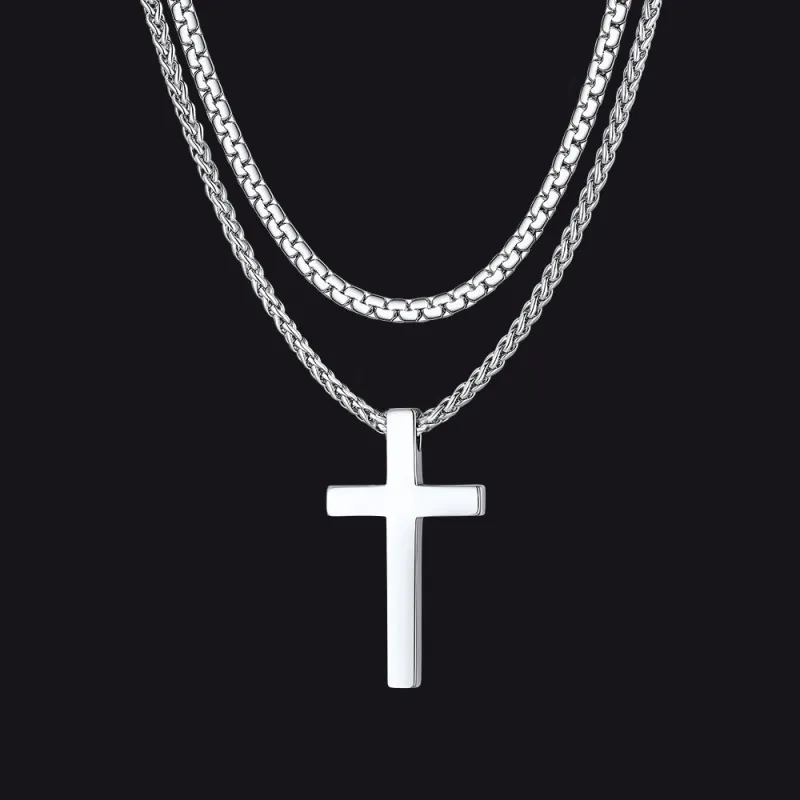 Flat Box Chain & Engraved Cross Layered Necklaces Set for Men sold by FaithHeart