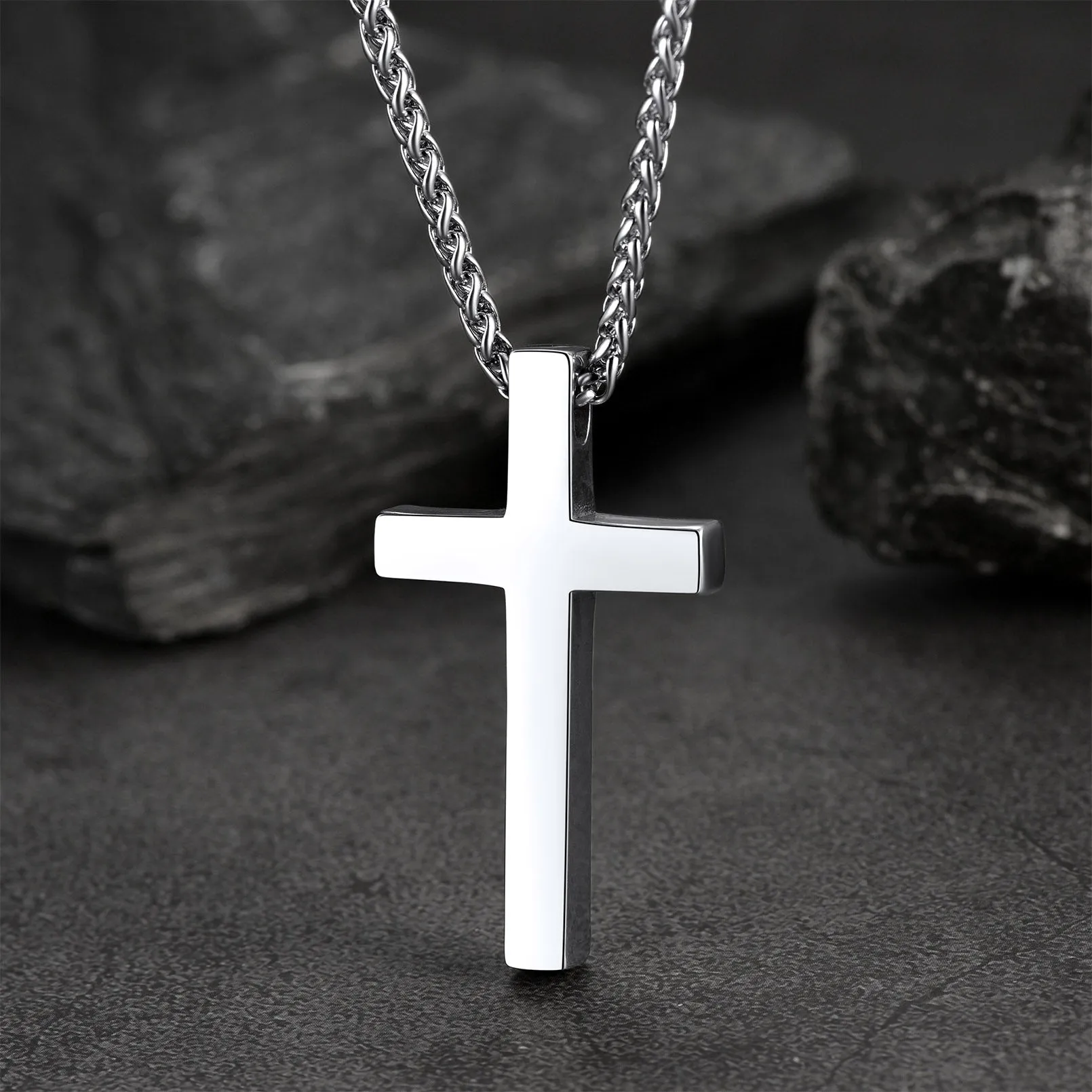 Flat Box Chain & Engraved Cross Layered Necklaces Set for Men sold by FaithHeart product image thumbnail 4