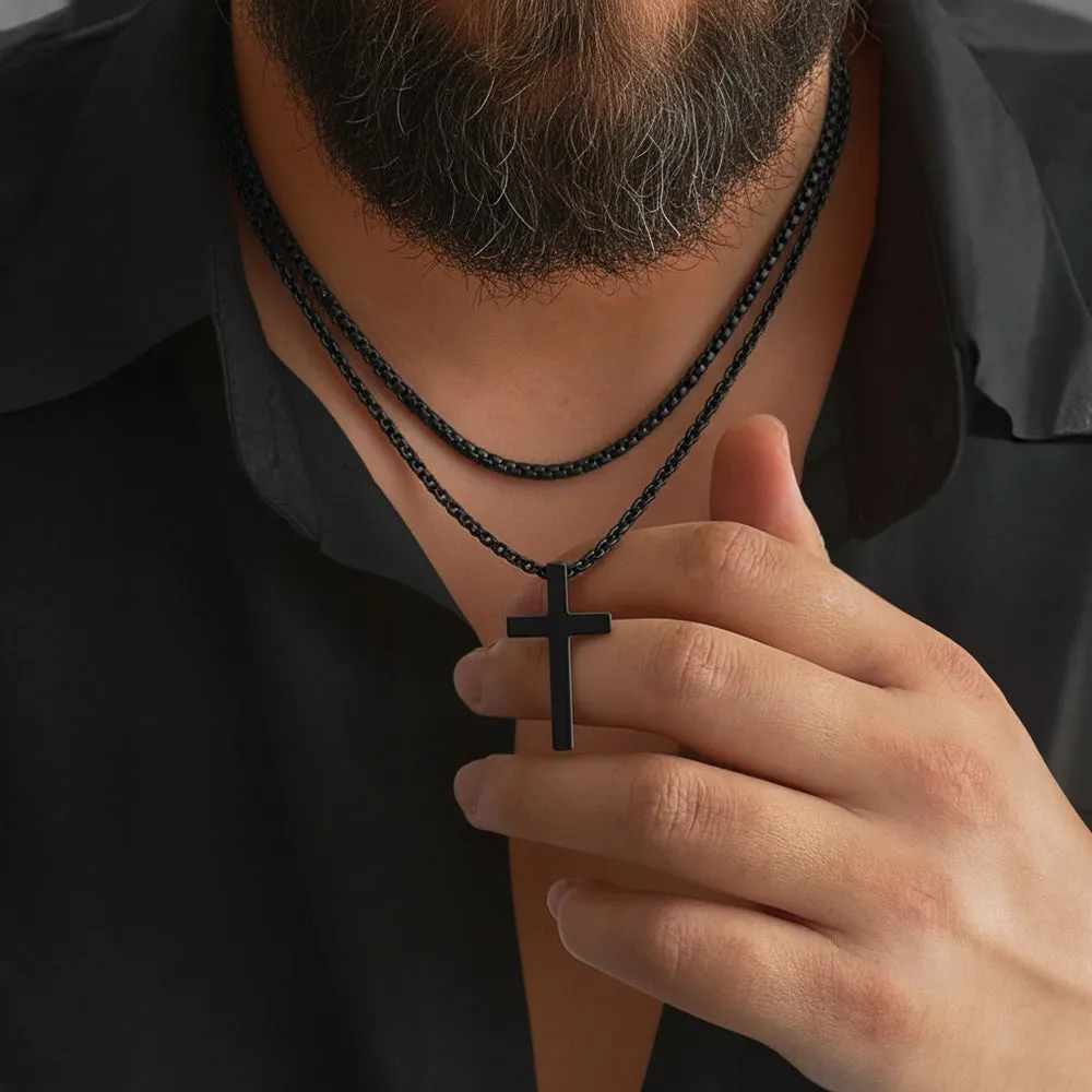 Flat Box Chain & Engraved Cross Layered Necklaces Set for Men sold by FaithHeart product image thumbnail 2
