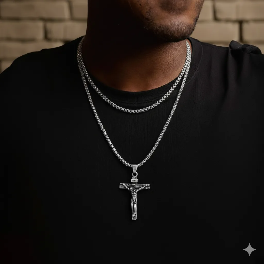 Flat Box Chain & Jesus Cross Layered Necklaces Set for Men sold by FaithHeart product image thumbnail 2