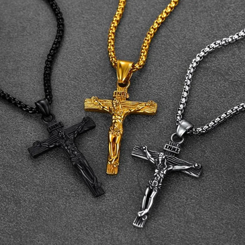 Flat Box Chain & Jesus Cross Layered Necklaces Set for Men sold by FaithHeart product image thumbnail 3