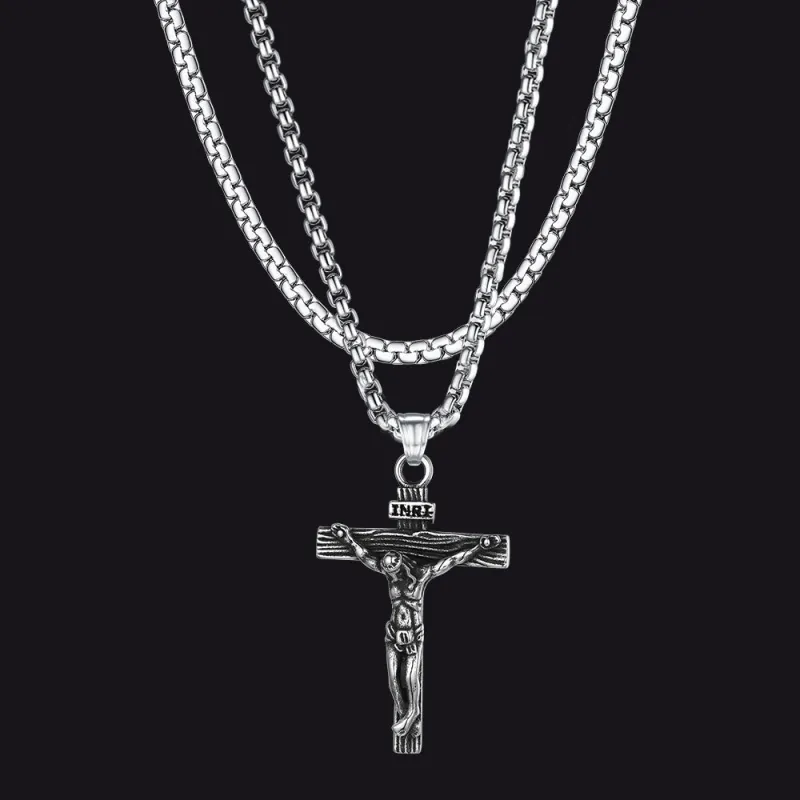 Flat Box Chain & Jesus Cross Layered Necklaces Set for Men sold by FaithHeart