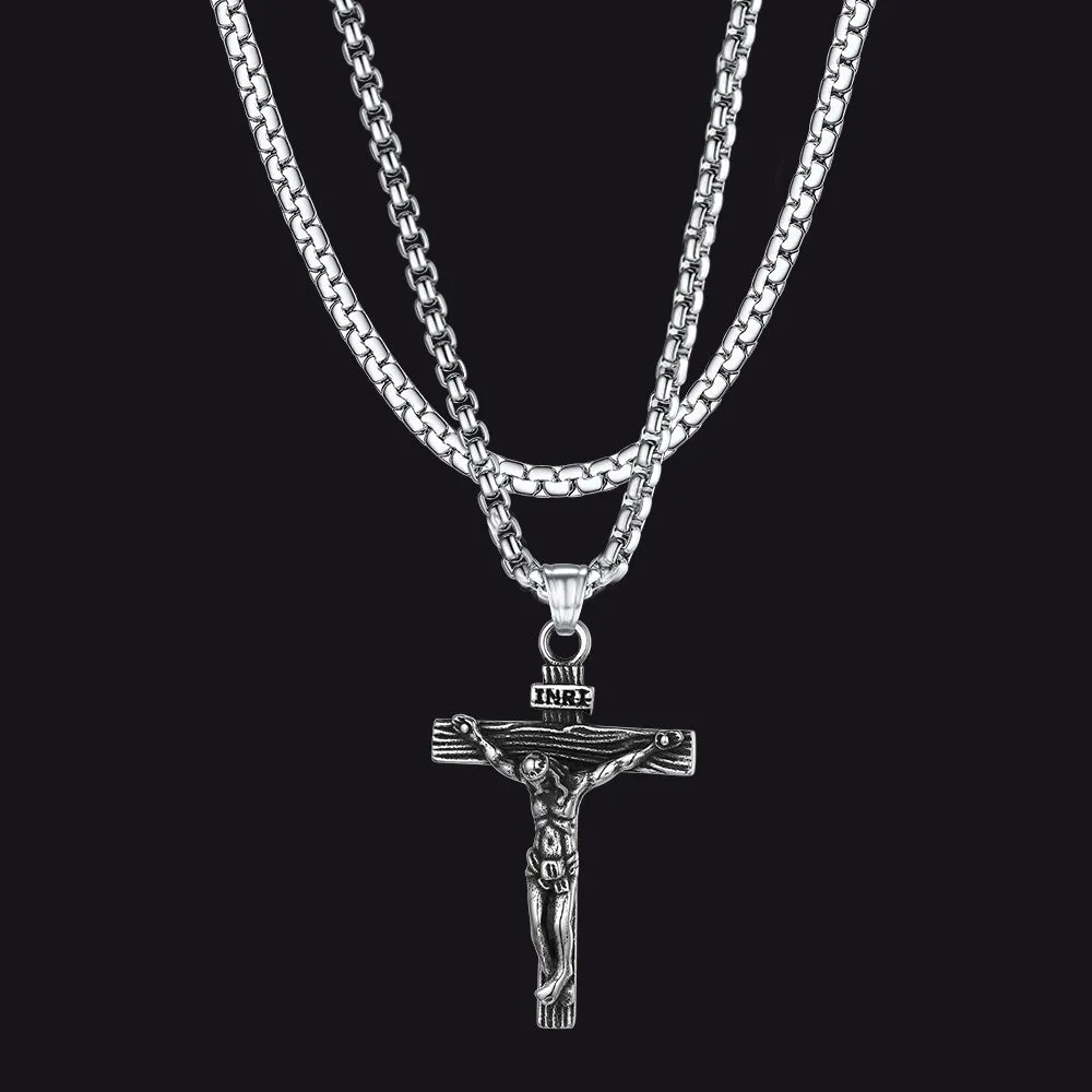 Flat Box Chain & Jesus Cross Layered Necklaces Set for Men sold by FaithHeart