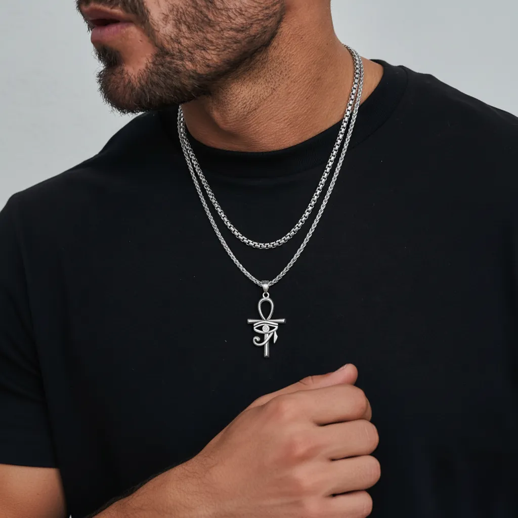 Flat Box Chain & Ankh Cross Layered Necklaces Set for Men sold by FaithHeart product image thumbnail 2