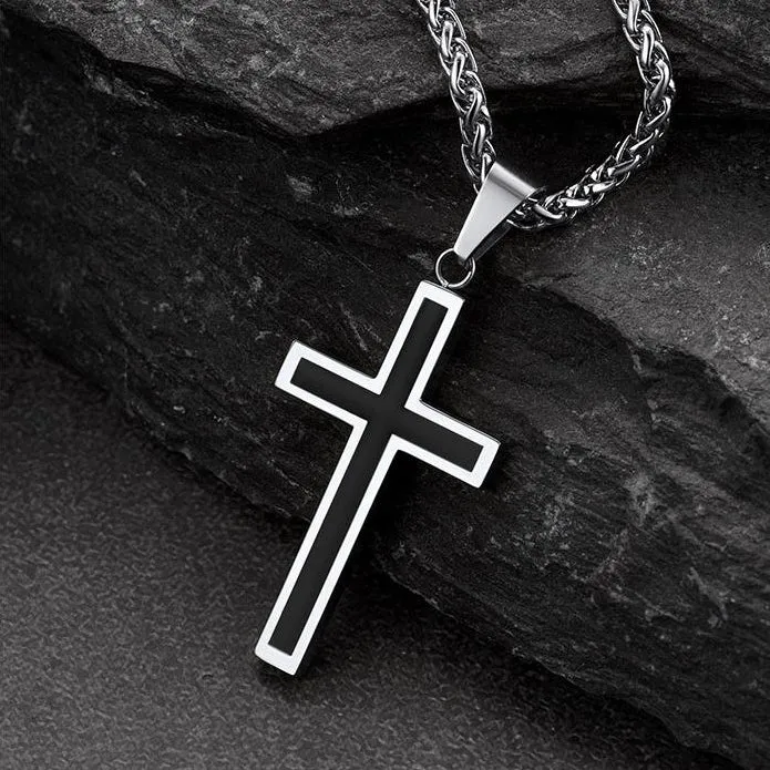 Flat Box Link Chain & Black Enamel Cross Layered Necklaces Set for Men sold by FaithHeart product image thumbnail 5